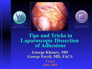 Tips and Tricks in Laparoscopic Dissection  of Adhesions George Khoury, MD George Ferzli, MD, FACS LUTHERAN MEDICAL CENTER SUNY DOWNSTATE MEDICAL CENTER Venice June  2005 