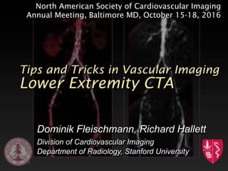 Tips and Tricks in Vascular Imaging
Lower Extremity CTA
North American Society of Cardiovascular Imaging
Annual Meeting, Baltimore MD, October 15-18, 2016
Dominik Fleischmann, Richard Hallett
Division of Cardiovascular Imaging
Department of Radiology, Stanford University
 