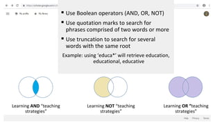 Learning OR “teaching
strategies”
Learning AND “teaching
strategies”
Learning NOT “teaching
strategies”
▪ Use Boolean operators (AND, OR, NOT)
▪ Use quotation marks to search for
phrases comprised of two words or more
▪ Use truncation to search for several
words with the same root
Example: using ‘educa*’ will retrieve education,
educational, educative
 