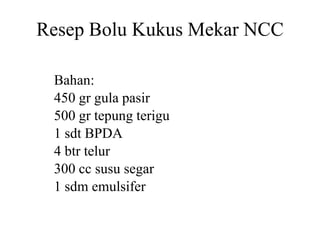Resep Bolu Kukus Mekar NCC
Bahan:
450 gr gula pasir
500 gr tepung terigu500 gr tepung terigu
1 sdt BPDA
4 btr telur
300 cc susu segar
1 sdm emulsifer
Resep Bolu Kukus Mekar NCC
500 gr tepung terigu500 gr tepung terigu
 