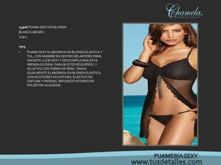 15908  PIJAMA SEXY EN BLONDA BLANCO-NEGRO  S-M-L TIPS PIJAMA SEXY ELABORADA EN BLONDA ELÁSTICA Y TUL, CON AMARRE EN CENTRO DELANTERO PARA HACERTE LUCIR SEXY Y DESCOMPLICADA.ESTA PRENDA ES IDEAL PARA BUSTOS PEQUEÑOS, Y SILUETAS CON FORMA DE PERA. TANGA IGUALMENTE ELABORADA EN BLONDA ELÁSTICA, CON ACCESORIO EN CINTURA, ELÁSTICO EN CINTURA Y PIERNAS. REFUERZO INTERNO EN POLIÉSTER-ALGODÓN. 