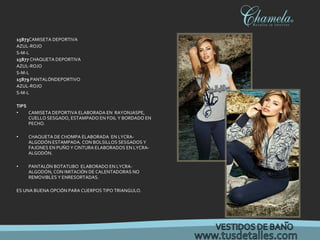 15 873 CAMISETA DEPORTIVA  AZUL-ROJO  S-M-L 15877  CHAQUETA DEPORTIVA AZUL-ROJO S-M-L 15879  PANTAL Ó NDEPORTIVO AZUL-ROJO  S-M-L TIPS CAMISETA DEPORTIVA ELABORADA EN  RAYONJASPE,  CUELLO SESGADO, ESTAMPADO EN FOIL Y BORDADO EN PECHO. CHAQUETA DE CHOMPA ELABORADA  EN LYCRA- ALGODÓN ESTAMPADA. CON BOLSILLOS SESGADOS Y  FAJONES EN PUÑO Y CINTURA ELABORADOS EN LYCRA-ALGODÓN. PANTAL Ó N BOTATUBO  ELABORADO EN LYCRA- ALGODÓN, CON IMITACI Ó N DE CALENTADORAS NO REMOVIBLES Y ENRESORTADAS. ES UNA BUENA OPCI Ó N PARA CUERPOS TIPO TRIANGULO. 