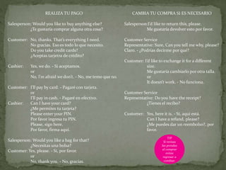 REALIZA TU PAGO
Salesperson: Would you like to buy anything else?
¿Te gustaría comprar alguna otra cosa?
Customer: No, thanks. That’s everything I need.
No gracias. Eso es todo lo que necesito.
Do you take credit cards?
¿Aceptas tarjetra de crédito?
Cashier: Yes, we do. - Si aceptamos.
or
No, I’m afraid we don’t. - No, me temo que no.
Customer: I’ll pay by card. - Pagaré con tarjeta.
or
I’ll pay in cash. - Pagaré en efectivo.
Cashier: Can I have your card?
¿Me permites tu tarjeta?
Please enter your PIN.
Por favor ingresa tu PIN.
Please, sign here.
Por favor, firma aquí.
Salesperson: Would you like a bag for that?
¿Necesitas una bolsa?
Customer: Yes, please. - Sí, por favor.
or
No, thank you. - No, gracias.
CAMBIA TU COMPRA SI ES NECESARIO
Salesperson:I’d like to return this, please.
Me gustaría devolver esto por favor.
Customer Service
Representative: Sure, Can you tell me why, please?
Claro. - ¿Podrías decirme por qué?
Customer: I’d like to exchange it for a different
size.
Me gustaría cambiarlo por otra talla.
or
It doesn’t work. - No funciona.
Customer Service
Representative: Do you have the receipt?
¿Tienes el recibo?
Customer: Yes, here it is. - Sí, aquí está.
Can I have a refund, please?
¿Me puedes dar un reembolso?, por
favor.
TIP
Si revisas
las prendas
al comprar
evitas
regresar a
combiar.
 