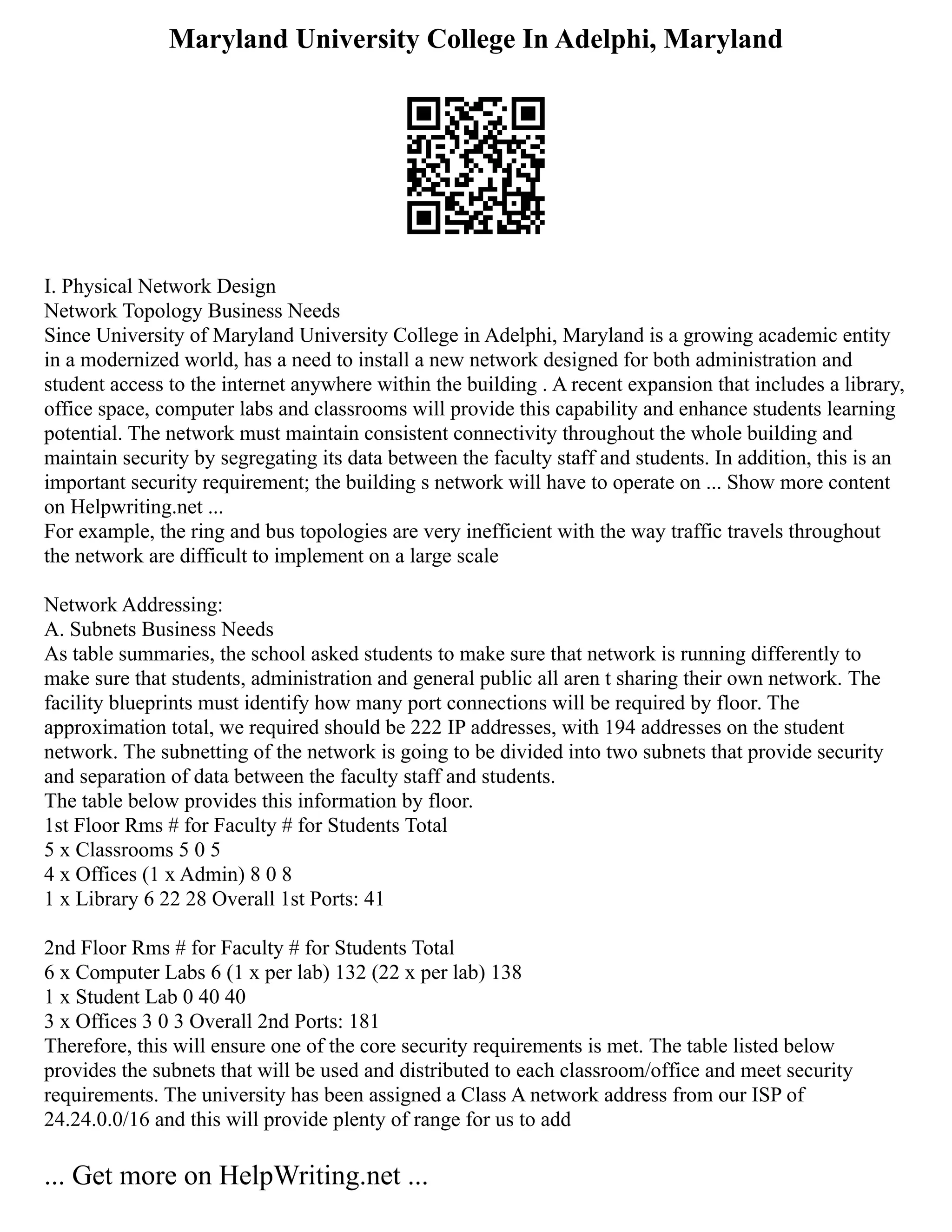 Maryland University College In Adelphi, Maryland
I. Physical Network Design
Network Topology Business Needs
Since University of Maryland University College in Adelphi, Maryland is a growing academic entity
in a modernized world, has a need to install a new network designed for both administration and
student access to the internet anywhere within the building . A recent expansion that includes a library,
office space, computer labs and classrooms will provide this capability and enhance students learning
potential. The network must maintain consistent connectivity throughout the whole building and
maintain security by segregating its data between the faculty staff and students. In addition, this is an
important security requirement; the building s network will have to operate on ... Show more content
on Helpwriting.net ...
For example, the ring and bus topologies are very inefficient with the way traffic travels throughout
the network are difficult to implement on a large scale
Network Addressing:
A. Subnets Business Needs
As table summaries, the school asked students to make sure that network is running differently to
make sure that students, administration and general public all aren t sharing their own network. The
facility blueprints must identify how many port connections will be required by floor. The
approximation total, we required should be 222 IP addresses, with 194 addresses on the student
network. The subnetting of the network is going to be divided into two subnets that provide security
and separation of data between the faculty staff and students.
The table below provides this information by floor.
1st Floor Rms # for Faculty # for Students Total
5 x Classrooms 5 0 5
4 x Offices (1 x Admin) 8 0 8
1 x Library 6 22 28 Overall 1st Ports: 41
2nd Floor Rms # for Faculty # for Students Total
6 x Computer Labs 6 (1 x per lab) 132 (22 x per lab) 138
1 x Student Lab 0 40 40
3 x Offices 3 0 3 Overall 2nd Ports: 181
Therefore, this will ensure one of the core security requirements is met. The table listed below
provides the subnets that will be used and distributed to each classroom/office and meet security
requirements. The university has been assigned a Class A network address from our ISP of
24.24.0.0/16 and this will provide plenty of range for us to add
... Get more on HelpWriting.net ...
 