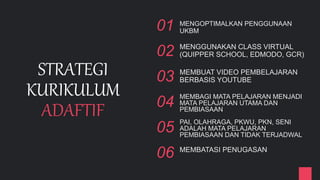 MENGOPTIMALKAN PENGGUNAAN
UKBM
STRATEGI
KURIKULUM
ADAFTIF
01
MENGGUNAKAN CLASS VIRTUAL
(QUIPPER SCHOOL, EDMODO, GCR)02
MEMBUAT VIDEO PEMBELAJARAN
BERBASIS YOUTUBE03
MEMBAGI MATA PELAJARAN MENJADI
MATA PELAJARAN UTAMA DAN
PEMBIASAAN
04
PAI, OLAHRAGA, PKWU, PKN, SENI
ADALAH MATA PELAJARAN
PEMBIASAAN DAN TIDAK TERJADWAL
05
MEMBATASI PENUGASAN
06
 