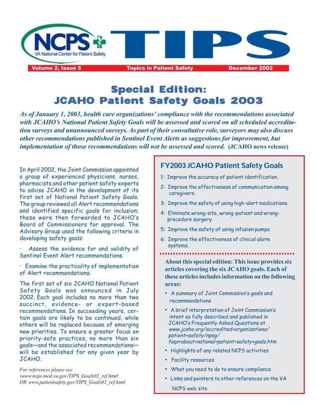 Topics in Patient Safety 2003 (Initial) Joint Commission National