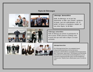 Tipós de liderazgos
Liderazgo autocrático
Estilo de liderazgo que prioriza la participación de
todo el grupo. El líder promueve el diálogo entre
su grupo para que entre todos se llegue a la mejor
conclusión.
Liderazgo laissezfaire
En el liderazgolaissezfaire,losempleadostienen
independenciaoperativaya la hora de tomar
decisiones.Laissez faire es unapalabra francesaque quiere
decir“dejarpasar, dejarhacer” refiriéndose aunalibertadde
economíacon la mínimaintervención del gobierno,yenel
caso de las empresasdel líderojefe.Sufrase completase
traduce como “déjaloshacer,déjalospasar,que el mundova
solo”.
Liderazgo democrático
Estilo de liderazgo en el que hay
claramente un líder que manda y gobierna
al grupo, que son subordinados a él. El
poder, la fuerza y el gobierno residen en
una única figura, la del líder.