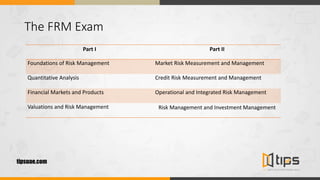 The FRM Exam
Part I Part II
Foundations of Risk Management Market Risk Measurement and Management
Quantitative Analysis Credit Risk Measurement and Management
Financial Markets and Products Operational and Integrated Risk Management
Valuations and Risk Management Risk Management and Investment Management
tipsuae.com
 