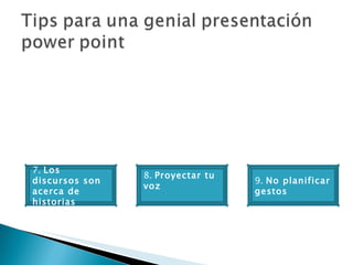 7.  Los discursos son acerca de historias 8.  Proyectar tu voz 9.  No planificar gestos  