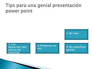 7.  Los discursos son acerca de historias 8.  Proyectar tu voz 6.  No leer 9.  No planificar gestos  