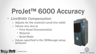 ProJet™ 6000 Accuracy
• LineWidth Compensation
o Adjusts for the material cured line width
o Values very due to
• Print Head Characteristics
• Material
• Build Mode
o Values specified in the 3DManage setup
Software

 