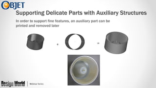 Supporting Delicate Parts with Auxiliary Structures
In order to support fine features, an auxiliary part can be
printed and removed later

+

=

 