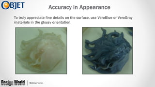 Accuracy in Appearance
To truly appreciate fine details on the surface, use VeroBlue or VeroGray
materials in the glossy orientation

 