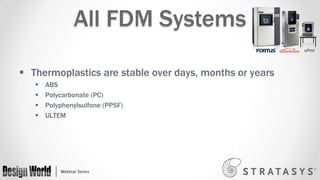 All FDM Systems
 Thermoplastics are stable over days, months or years





ABS
Polycarbonate (PC)
Polyphenylsulfone (PPSF)
ULTEM

 