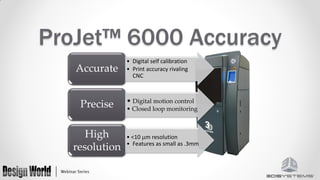 ProJet™ 6000 Accuracy
Accurate
Precise
High
resolution

• Digital self calibration
• Print accuracy rivaling
CNC

• Digital motion control
• Closed loop monitoring

• <10 m resolution
• Features as small as .3mm

 