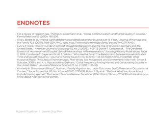 #LeanInTogether | LeanIn.Org/Men
ENDNOTES
1 For a review of research see, ThomasA. Ledermann et al., “Stress, Communication,and Marital Qualityin Couples,”
FamilyRelations59 (2010): 195-206.
2 Kira S. Birdittet al., “Marital ConflictBehaviorsand ImplicationsforDivorceover16 Years,” Journal of Marriageand
the Family72.5 (2010): 1188–1204,PMC, Web, http://www.ncbi.nlm.nih.gov/pmc/articles/PMC3777640/.
3 LynneP. Cook, “‘Doing’ Genderin Context: Household Bargaining and theRisk of Divorcein Germanyand the
United States,” American Journal of Sociology 112, no. 2(2006): 442–72; DanielT. Carlson etal., “TheGendered
Division of Housework and Couples’ Sexual Relationships: A Re-examination,”Sociology Faculty Publications, Paper
2, 2014; ConstanceT. Gager and Scott T. Yabiku, “Who HastheTime? TheRelationship Between Household Labor
Time and Sexual Frequency,” Journal of Family Issues31, no. 2(2010): 135–63;Neil Chethik, VoiceMale: What
HusbandsReally Think AboutTheirMarriages, TheirWives, Sex, Housework, and Commitment (NewYork: Simon &
Schuster, 2006); and K. V. Rao and Alfred DeMaris, “Coital FrequencyAmong Married and Cohabitating Couplesin
the United States,” Journal of Biosocial Science27, no. 2(1995): 135–50.
4 KimberlyA. Shauman and MaryC. Noonan, "FamilyMigration and LaborOutcomes: Sex Differencesin Occupational
Context," Social Forces Vol. 85, No. 4 (June2007), 1735-176; RobinJ. Elyet al., “Rethink WhatYou KnowAbout
High-Achieving Women,”TheHarvard BusinessReview, December 2014, https://hbr.org/2014/12/rethink-what-you-
know-about-high-achieving-women.
 