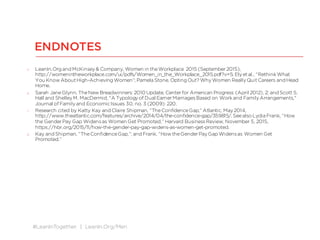 #LeanInTogether | LeanIn.Org/Men
5. LeanIn.Org and McKinsey& Company, Women in theWorkplace 2015 (September2015),
http://womenintheworkplace.com/ui/pdfs/Women_in_the_Workplace_2015.pdf?v=5; Elyetal., “Rethink What
You KnowAboutHigh-Achieving Women”; Pamela Stone, Opting Out? WhyWomen ReallyQuitCareers and Head
Home.
6. Sarah JaneGlynn, TheNewBreadwinners: 2010 Update, Centerfor American Progress (April 2012), 2; and Scott S.
Hall and ShelleyM. MacDermid, "A Typologyof Dual EarnerMarriagesBased on Work and FamilyArrangements,"
Journal of Familyand Economic Issues 30, no. 3 (2009): 220.
7. Research cited by Katty Kay and Claire Shipman, “TheConfidenceGap,” Atlantic, May2014,
http://www.theatlantic.com/features/archive/2014/04/the-confidence-gap/359815/. Seealso Lydia Frank, “How
the GenderPay Gap Widensas Women Get Promoted,” Harvard BusinessReview, November 5, 2015,
https://hbr.org/2015/11/how-the-gender-pay-gap-widens-as-women-get-promoted.
8. Kay and Shipman, “TheConfidenceGap,”; and Frank, “HowtheGenderPayGap Widensas Women Get
Promoted.”
ENDNOTES
 