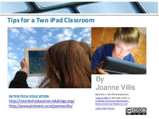 Tips for a Two iPad Classroom

By
Joanne Villis
INTER-TECH EDUCATION
http://intertecheducation.edublogs.org/
http://www.pinterest.com/joannevillis/

Ideas for a Two iPad Classroom
Joanne VIllis is licensed under a
Creative Commons AttributionNonCommercial-NoDerivs 3.0
Unported License.

 