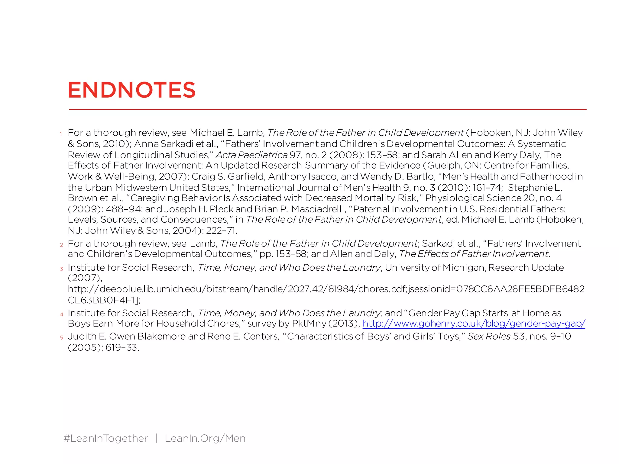 #LeanInTogether | LeanIn.Org/Men
ENDNOTES
1 For a thorough review, see Michael E. Lamb, TheRoleof theFather in Child Development (Hoboken, NJ: John Wiley
& Sons, 2010); Anna Sarkadi etal., “Fathers’ Involvementand Children’sDevelopmental Outcomes: A Systematic
Review of Longitudinal Studies,” Acta Paediatrica 97, no. 2 (2008): 153–58; and Sarah Allen and KerryDaly, The
Effects of Father Involvement: An Updated Research Summary of the Evidence (Guelph,ON: CentreforFamilies,
Work & Well-Being, 2007); Craig S. Garfield, AnthonyIsacco, and WendyD. Bartlo, “Men’sHealth and Fatherhood in
the Urban Midwestern United States,” International Journal of Men’sHealth 9, no. 3 (2010): 161–74; StephanieL.
Brown et al., “Caregiving BehaviorIsAssociated with Decreased Mortality Risk,” PhysiologicalScience20, no. 4
(2009): 488–94; and Joseph H. Pleck and Brian P. Masciadrelli, “Paternal Involvementin U.S. ResidentialFathers:
Levels, Sources, and Consequences,” in TheRoleof theFatherin Child Development, ed. Michael E. Lamb (Hoboken,
NJ: John Wiley& Sons, 2004): 222–71.
2 For a thorough review, see Lamb, TheRoleof the Father in Child Development; Sarkadi et al., “Fathers’ Involvement
and Children’sDevelopmental Outcomes,” pp. 153–58; and Allen and Daly, TheEffectsof FatherInvolvement.
3 Institute forSocial Research, Time, Money, and Who DoestheLaundry, Universityof Michigan,Research Update
(2007),
http://deepblue.lib.umich.edu/bitstream/handle/2027.42/61984/chores.pdf;jsessionid=078CC6AA26FE5BDFB6482
CE63BB0F4F1];
4 Institute forSocial Research, Time, Money, and Who DoestheLaundry; and “GenderPayGap Starts at Home as
Boys Earn Morefor Household Chores,” surveyby PktMny(2013), http://www.gohenry.co.uk/blog/gender-pay-gap/
5 Judith E. Owen Blakemore and Rene E. Centers, “Characteristicsof Boys’ and Girls’ Toys,” Sex Roles 53, nos. 9–10
(2005): 619–33.
 