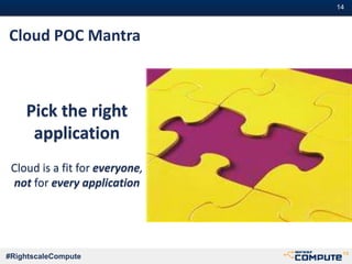 #RightscaleCompute
#14#14
Pick the right
application
Cloud is a fit for everyone,
not for every application
Cloud POC Mantra
 