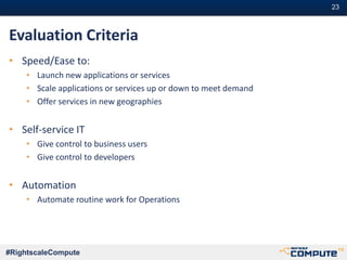 #23#23
#RightscaleCompute
Evaluation Criteria
• Speed/Ease to:
• Launch new applications or services
• Scale applications or services up or down to meet demand
• Offer services in new geographies
• Self-service IT
• Give control to business users
• Give control to developers
• Automation
• Automate routine work for Operations
 