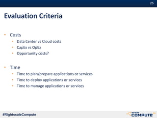 #25#25
#RightscaleCompute
Evaluation Criteria
• Costs
• Data Center vs Cloud costs
• CapEx vs OpEx
• Opportunity costs?
• Time
• Time to plan/prepare applications or services
• Time to deploy applications or services
• Time to manage applications or services
 