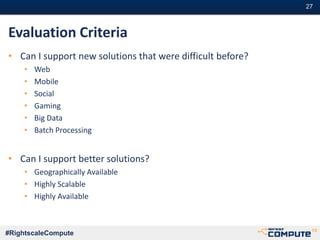 #27#27
#RightscaleCompute
Evaluation Criteria
• Can I support new solutions that were difficult before?
• Web
• Mobile
• Social
• Gaming
• Big Data
• Batch Processing
• Can I support better solutions?
• Geographically Available
• Highly Scalable
• Highly Available
 
