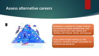 Assess alternative careers
Brainstorm opinions for career choices
by surveying career preferences, and
talking about your core values and
abilities with friends, family, and spouse.
If you have trouble coming up with
opinions, consult a career counsellor for
professional guidance.
 