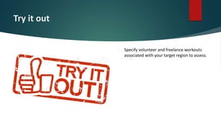 Try it out
 Specify volunteer and freelance workouts
associated with your target region to assess.
 