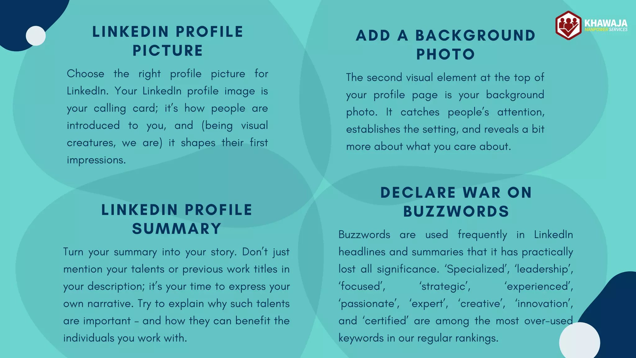 LINKEDIN PROFILE
PICTURE
Choose the right profile picture for
LinkedIn. Your LinkedIn profile image is
your calling card; it’s how people are
introduced to you, and (being visual
creatures, we are) it shapes their first
impressions.
ADD A BACKGROUND
PHOTO
The second visual element at the top of
your profile page is your background
photo. It catches people’s attention,
establishes the setting, and reveals a bit
more about what you care about.
DECLARE WAR ON
BUZZWORDS
Buzzwords are used frequently in LinkedIn
headlines and summaries that it has practically
lost all significance. ‘Specialized’, ‘leadership’,
‘focused’, ‘strategic’, ‘experienced’,
‘passionate’, ‘expert’, ‘creative’, ‘innovation’,
and ‘certified’ are among the most over-used
keywords in our regular rankings.
LINKEDIN PROFILE
SUMMARY
Turn your summary into your story. Don’t just
mention your talents or previous work titles in
your description; it’s your time to express your
own narrative. Try to explain why such talents
are important – and how they can benefit the
individuals you work with.
 