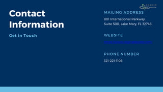 Contact
Information
Get in Touch
MAILING ADDRESS
801 International Parkway,
Suite 500, Lake Mary, FL 32746
WEBSITE
https://www.reginafasold.com/
PHONE NUMBER
321-221-1106
 