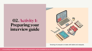 A recording and modi
fi
ed version of this presentation will be available to you for personal reference afterwards.
Drawing of computer on table with tablet and notepads.
02. Activity 1:
Preparing your
interview guide
21
 