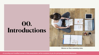 A recording and modi
fi
ed version of this presentation will be available to you for personal reference afterwards.
Women on
fl
oor reviewing notes.
00.
Introductions
4
 