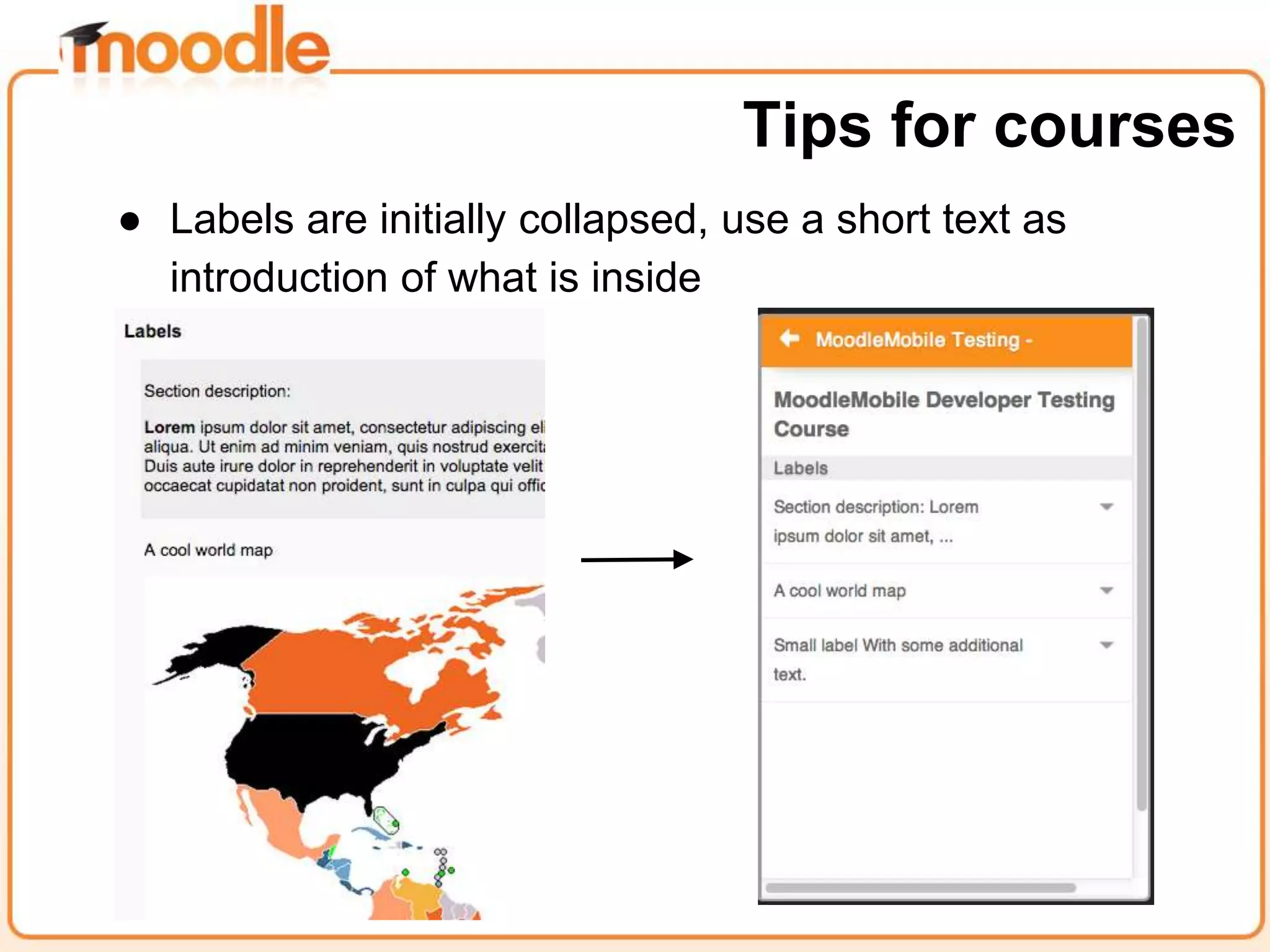 ● Labels are initially collapsed, use a short text as
introduction of what is inside
Tips for courses
 