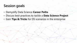 2
Session goals
• Demystify Data Science Career Paths
• Discuss best practices to tackle a Data Science Project
• Gain Tip...