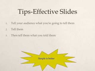 Tips-Effective ݺߣs
1. Tell your audience what you're going to tell them
2. Tell them
3. Then tell them what you told them
Simple is better
 