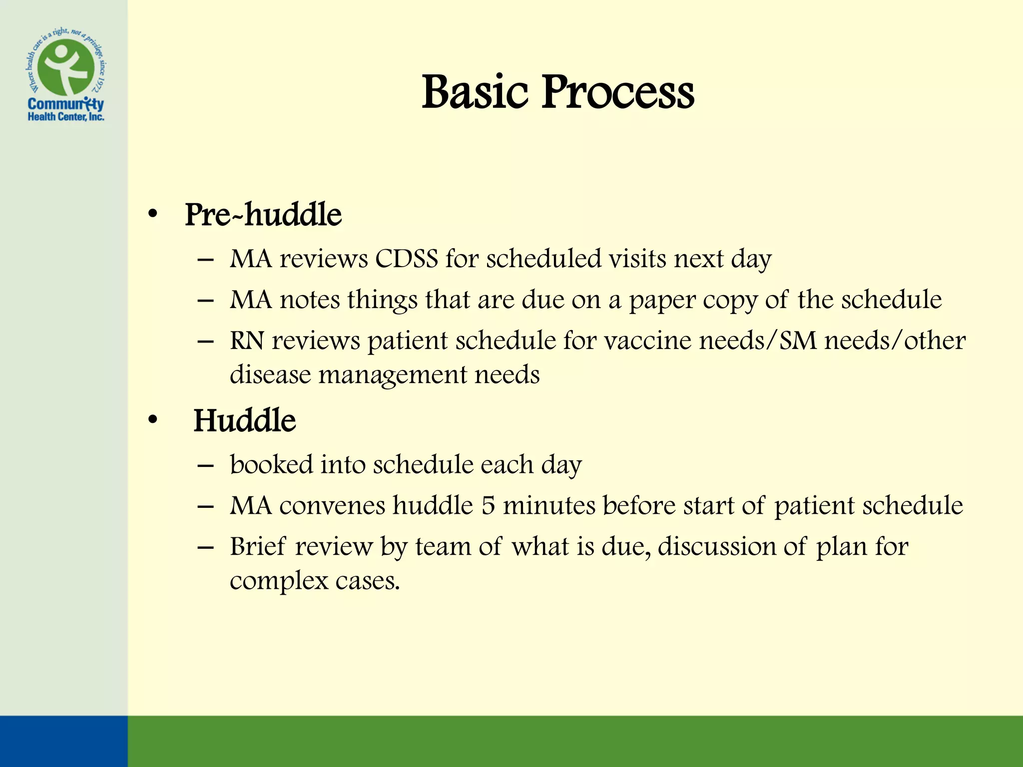 Basic Process

• Pre-huddle
    – MA reviews CDSS for scheduled visits next day
    – MA notes things that are due on a paper copy of the schedule
    – RN reviews patient schedule for vaccine needs/SM needs/other
      disease management needs
•   Huddle
    – booked into schedule each day
    – MA convenes huddle 5 minutes before start of patient schedule
    – Brief review by team of what is due, discussion of plan for
      complex cases.
 