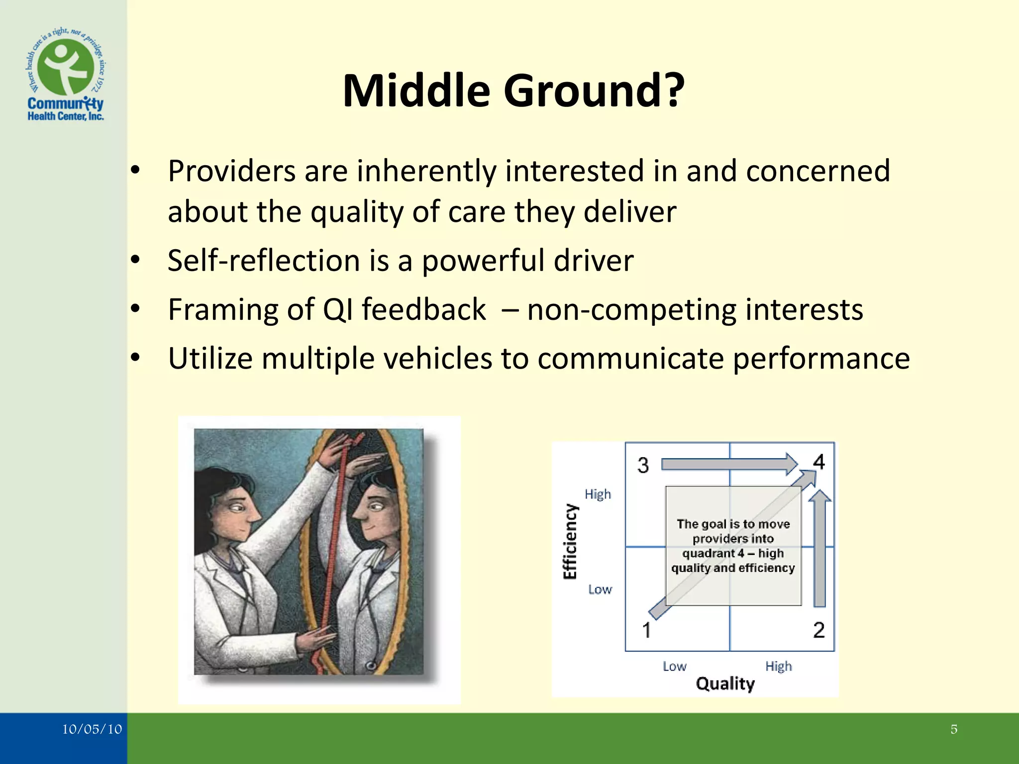 Middle Ground?
           • Providers are inherently interested in and concerned
             about the quality of care they deliver
           • Self-reflection is a powerful driver
           • Framing of QI feedback – non-competing interests
           • Utilize multiple vehicles to communicate performance




10/05/10                                                            5
 