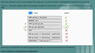 Ordering your Dockerfile instructions appropriately helps you avoid unnecessary work at build time.
https://kodekloud.com/blog/docker-image-layers/
Now if you edit your source code, building the image won't cause the builder to download the dependencies each time.
The COPY . . instruction appears after the package management instructions, so the builder can reuse the RUN go mod download
layer.
 