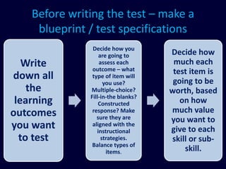 Before writing the test – make a
blueprint / test specifications
Write
down all
the
learning
outcomes
you want
to test
Decide how you
are going to
assess each
outcome – what
type of item will
you use?
Multiple-choice?
Fill-in-the blanks?
Constructed
response? Make
sure they are
aligned with the
instructional
strategies.
Balance types of
items.
Decide how
much each
test item is
going to be
worth, based
on how
much value
you want to
give to each
skill or sub-
skill.
 