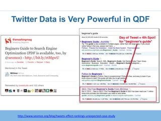 Twitter Data is Very Powerful in QDF




    http:/googleblog.blogspot.com/2010/06/our-new-search-index-caffeine.html
 http://www.seomoz.org/blog/tweets-effect-rankings-unexpected-case-study
 