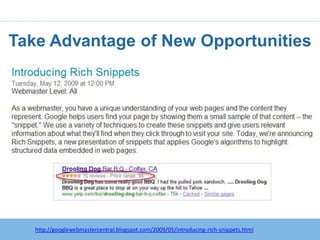 Take Advantage of New Opportunities




   http://googlewebmastercentral.blogspot.com/2009/05/introducing-rich-snippets.html
 