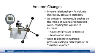 Volume Changes
• Inverse relationship – As volume
decreases, pressure increases
• As pressure increases, it pushes on
the inside of tubing and manifold
walls, causing the volume to
increase
– Causes the pressure to decrease
– May look like a leak
• Used to generate hydraulic
pressures using a “screw press” or
“variable volume”
 