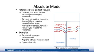 Absolute Mode
• Referenced to a perfect vacuum
– 0 means that it is a perfect
vacuum (absolutely no
molecules)
– Can only be positive numbers –
You can’t have negative
molecules in a vessel
– More difficult measurement –
How do you re-zero the
reference?
• Examples
– Barometric pressure
measurement
– Airplane altitude measurement
– Downhole tools
Gauge (+ or -)
Absolute
Barometric
Zero pressure, no molecules
 