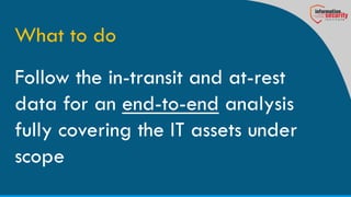 What to do
Follow the in-transit and at-rest
data for an end-to-end analysis
fully covering the IT assets under
scope
 