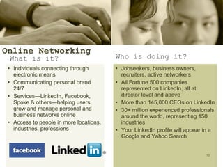 Online Networking What is it? Individuals connecting through electronic means Communicating personal brand 24/7  Services—LinkedIn, Facebook, Spoke & others—helping users grow and manage personal and business networks online Access to people in more locations, industries, professions  Who is doing it? Jobseekers, business owners, recruiters, active networkers  All Fortune 500 companies represented on LinkedIn, all at director level and above More than 145,000 CEOs on LinkedIn 30+ million experienced professionals around the world, representing 150 industries  Your LinkedIn profile will appear in a Google and Yahoo Search 