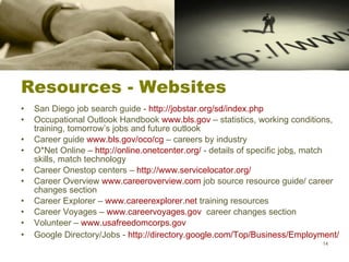Resources - Websites San Diego job search guide -  http://jobstar.org/sd/index.php Occupational Outlook Handbook  www.bls.gov  – statistics, working conditions, training, tomorrow’s jobs and future outlook Career guide  www.bls.gov/oco/cg  – careers by industry O*Net Online –  http://online.onetcenter.org/  - details of specific job s , match skills, match technology Career Onestop centers –  http://www.servicelocator.org/   Career Overview  www.careeroverview.com  job source resource guide/ career changes section Career Explorer –  www.careerexplorer.net  training resources Career Voyages –  www.careervoyages.gov   career changes section  Volunteer –  www.usafreedomcorps.gov Google Directory/Jobs -  http://directory.google.com/Top/Business/Employment/ 