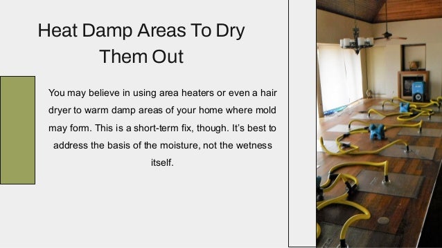 Heat Damp Areas To Dry
Them Out
You may believe in using area heaters or even a hair
dryer to warm damp areas of your home where mold
may form. This is a short-term fix, though. It’s best to
address the basis of the moisture, not the wetness
itself.
 