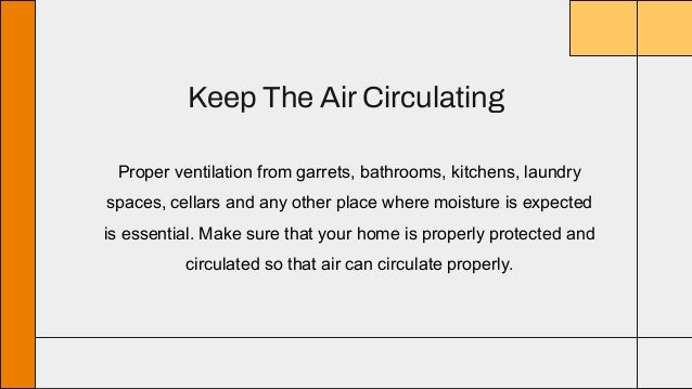 Keep The Air Circulating
Proper ventilation from garrets, bathrooms, kitchens, laundry
spaces, cellars and any other place where moisture is expected
is essential. Make sure that your home is properly protected and
circulated so that air can circulate properly.
 