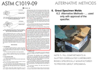 ALTERNATIVE METHODSASTM C1019-09
6. Grout Specimen Molds
6.2 Alternative Methods - … used
only with approval of the
specifier.
Note 7: fill compartments in
slotted corrugated cardboard
boxes specifically manufactured
to provide grout specimens.
 